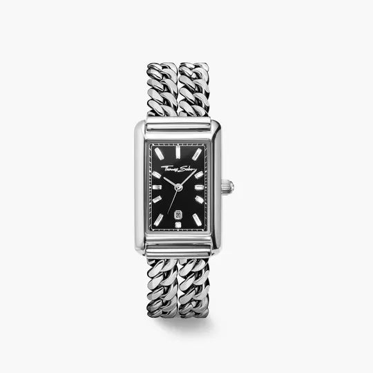 Damenuhr mit schwarzem Zifferblatt, rechteckigem Gehäuse und silbernem Gliederarmband