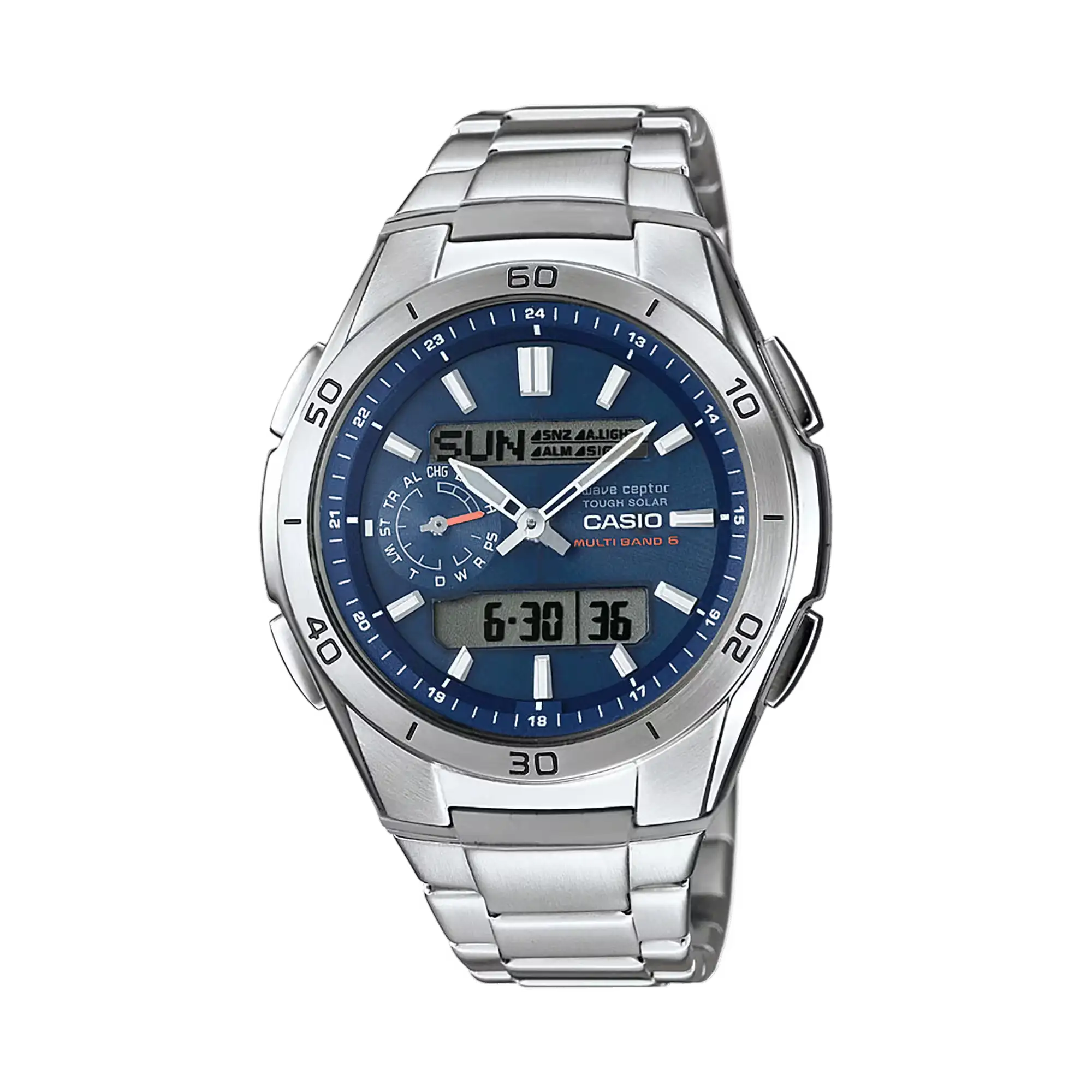 Bracelet de montre pour homme avec cadran bleu, bracelet en acier inoxydable argenté et affichage de la date visible