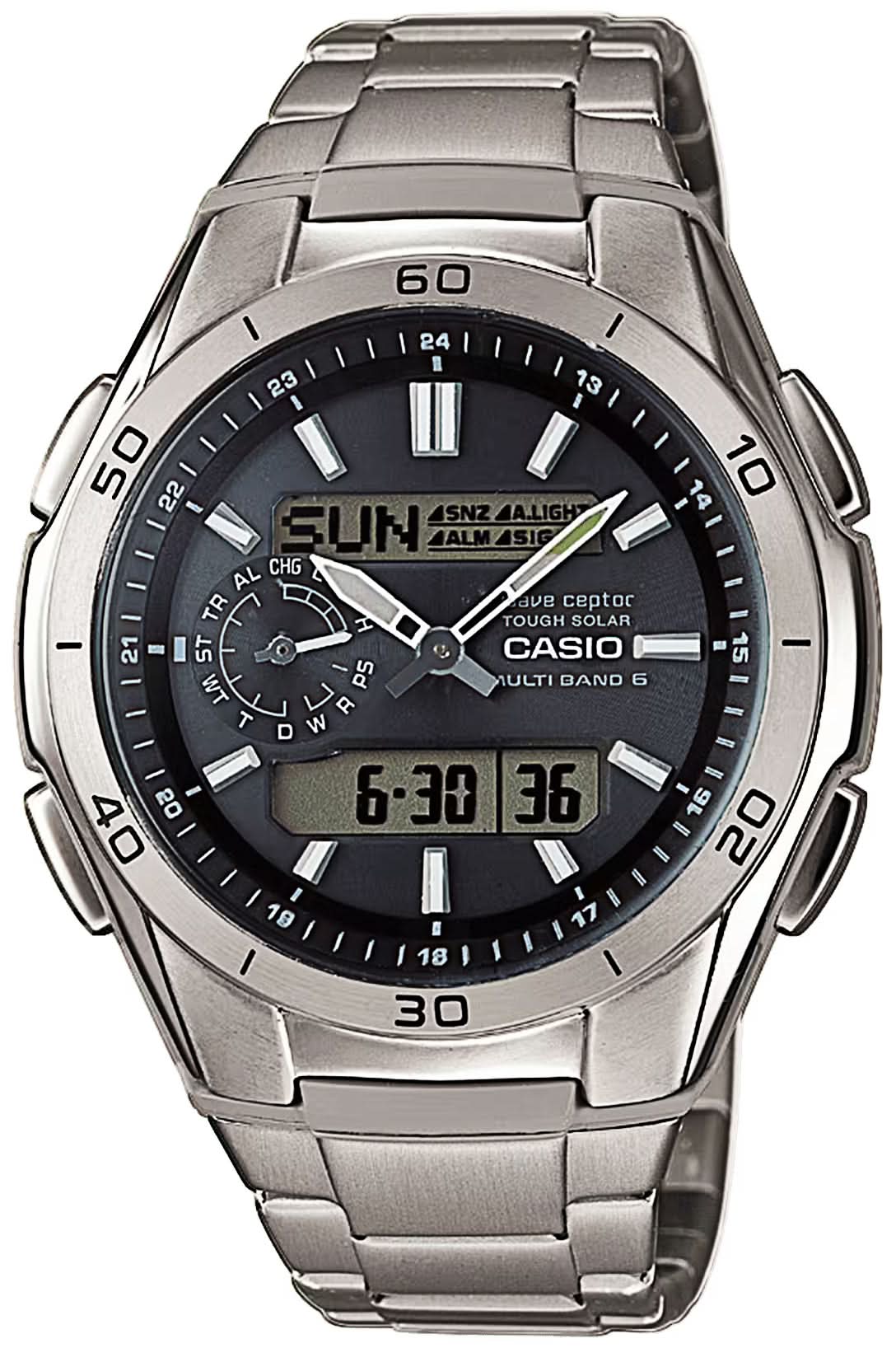 Montre homme avec cadran sombre, bracelet en métal, date et affichage numérique (Casio)
