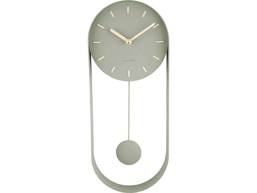 Horloge murale avec cadran rond vert jungle, poids à pendule et index dorés
