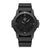 Schwarze Herrenuhr mit rundem Zifferblatt, schwarzem Kautschukarmband und leuchtenden Zeigern