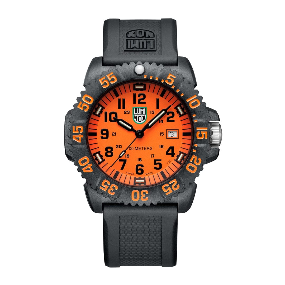 Luminox Herren-Armbanduhr mit schwarzem Armband und orangefarbenem Zifferblatt, Leuchtzeigern.