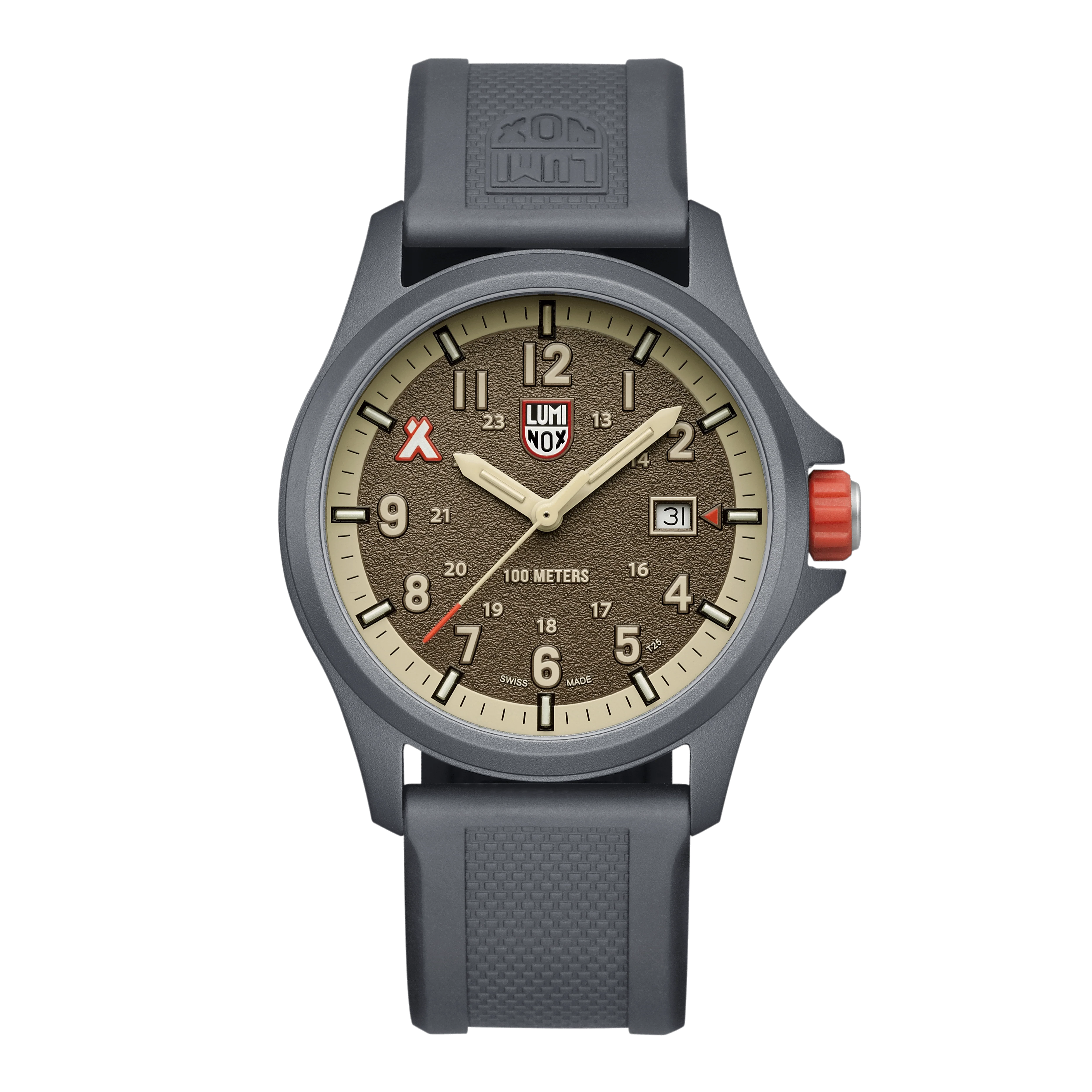 Montre de sport avec cadran beige, boîtier noir et bracelet en caoutchouc, guichet date