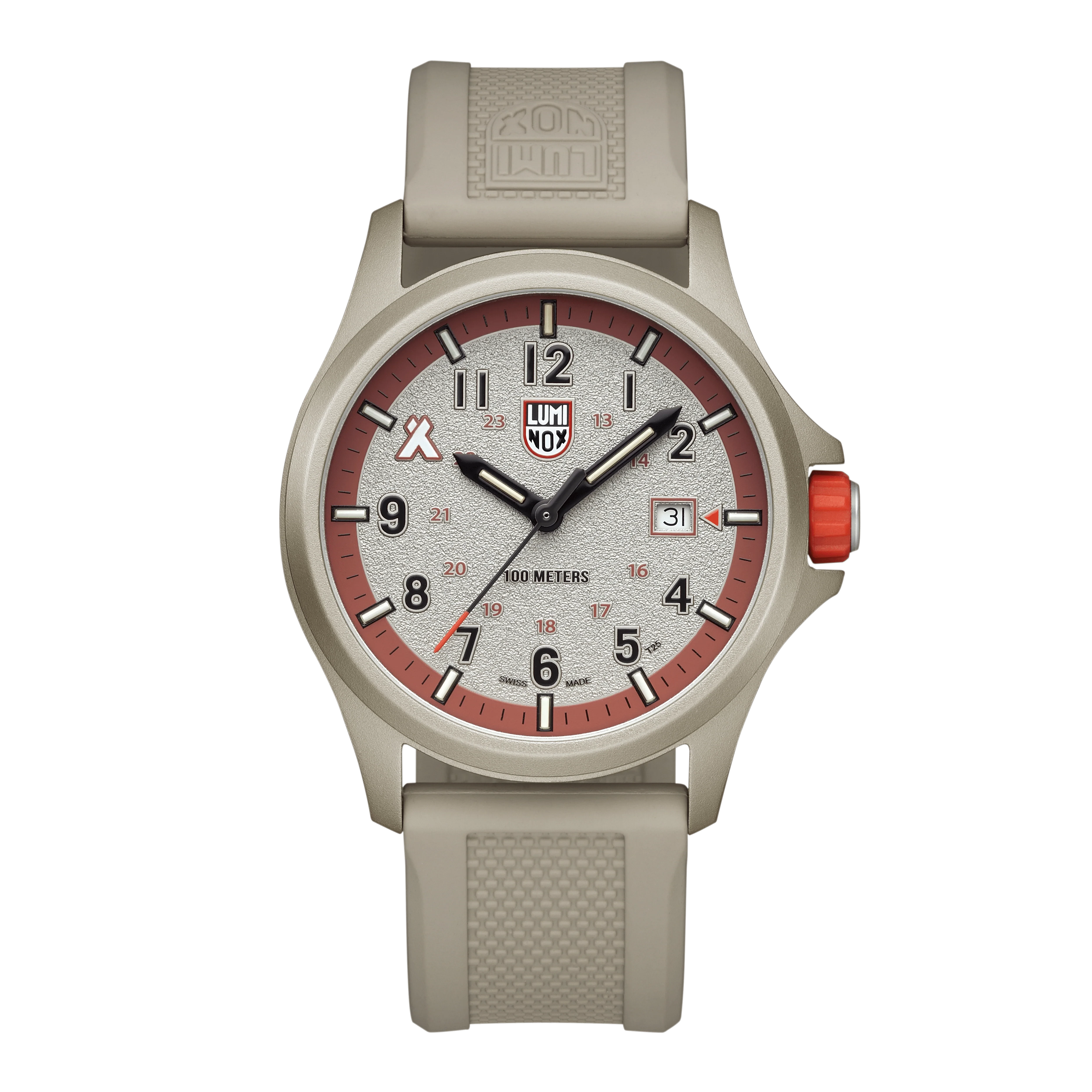 Montre Luminox Bear Grylls pour homme avec boîtier beige, cadran orange et bracelet en caoutchouc
