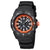 Herrenarmbanduhr mit schwarzem Silikonband, orangefarbenem Zifferblatt und roter Krone