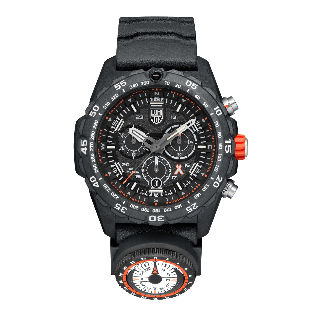 Bracelet de montre pour homme avec boîtier noir et bracelet en cuir, cadran noir, accents orange