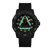 Montre homme avec cadran noir, index luminescents verts, bracelet textile noir et lunette