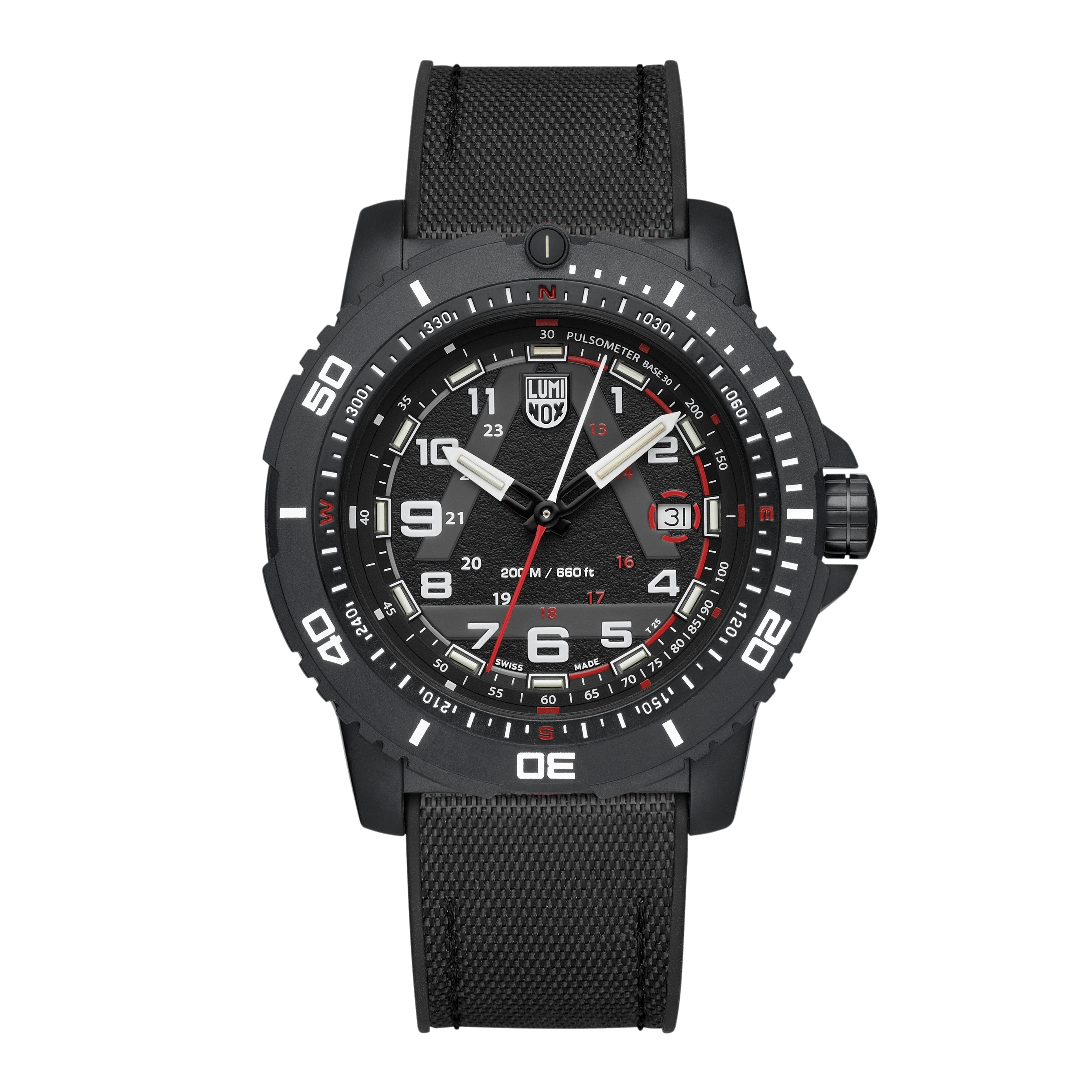 Montre homme avec cadran noir, accents rouges, bracelet textile noir et lunette encadrée