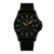 Montre homme avec bracelet textile noir, boîtier noir et index lumineux verts