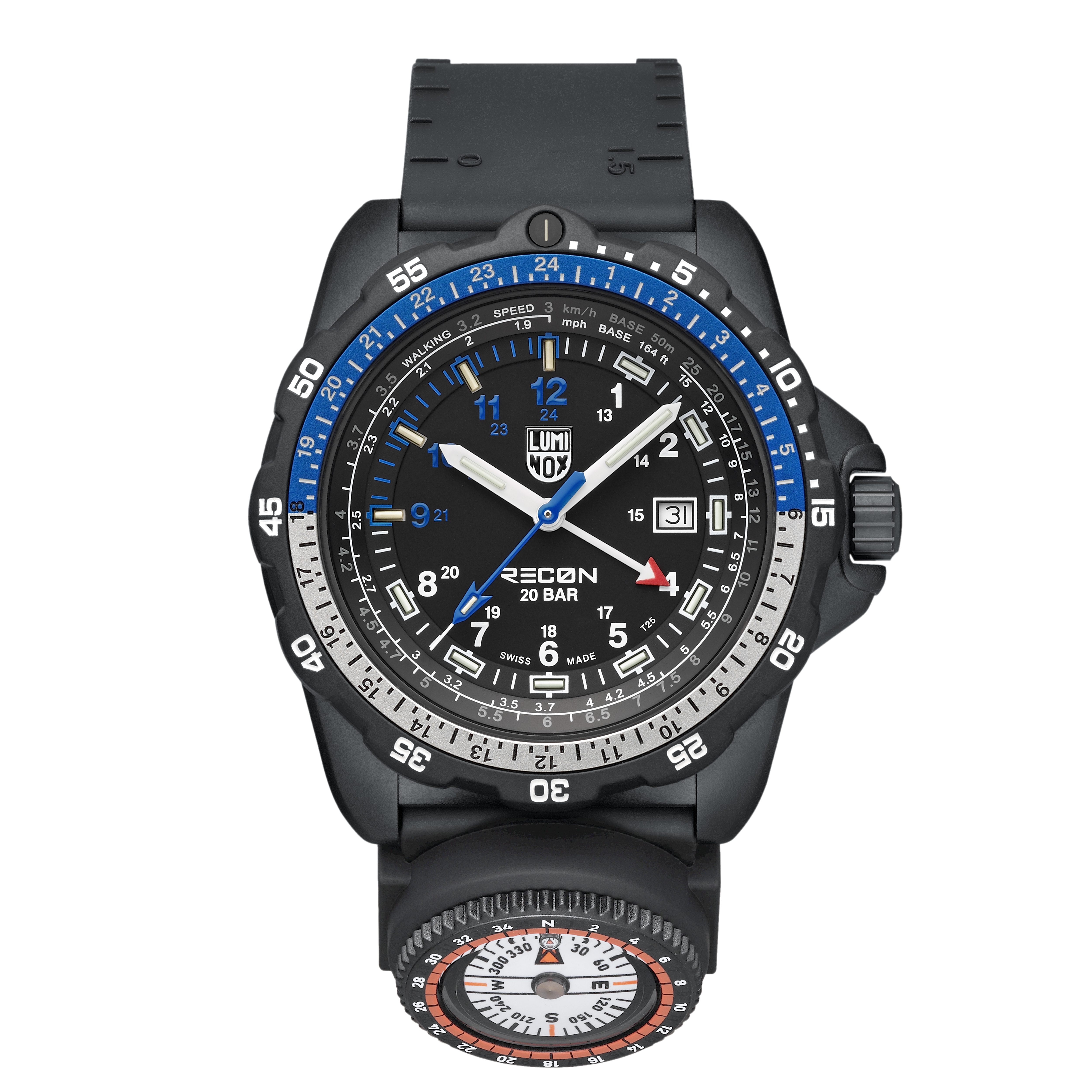 Bracelet de montre pour homme avec boîtier noir, cadran bleu et aiguilles lumineuses