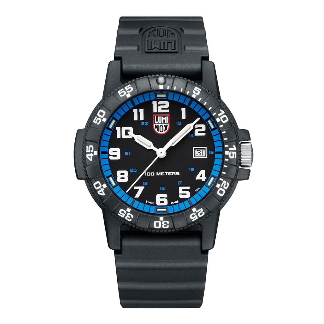 Bracelet de montre pour homme avec boîtier noir, cadran bleu et affichage de la date à 3 heures