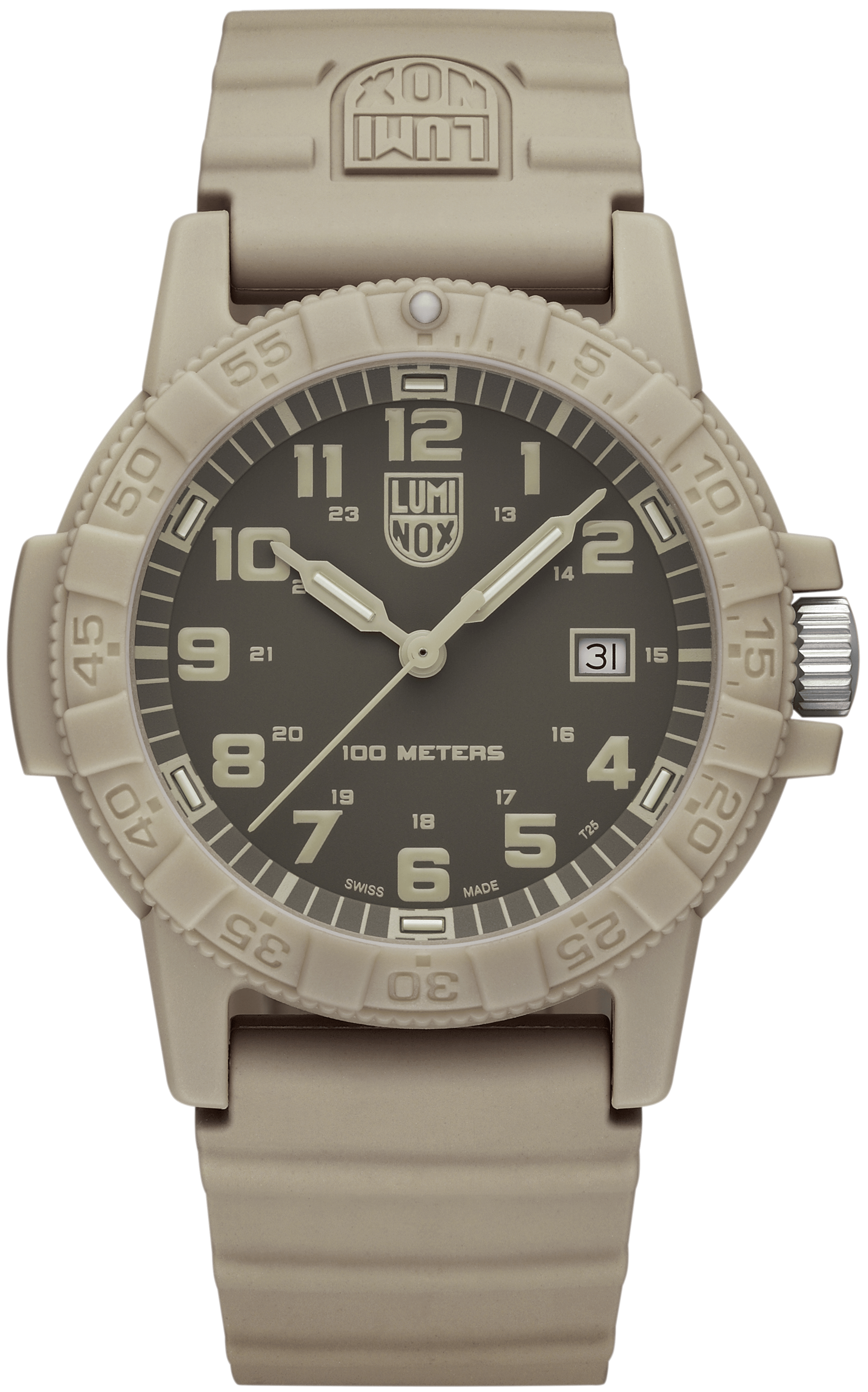 Montre homme avec bracelet en caoutchouc beige et cadran noir, affichage de la date