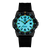 Montre homme avec aiguilles et chiffres lumineux verts, boîtier et bracelet noirs, date 31