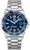 Montre bracelet avec cadran bleu, guichet date et bracelet en métal ; automatique, style plongeuse.