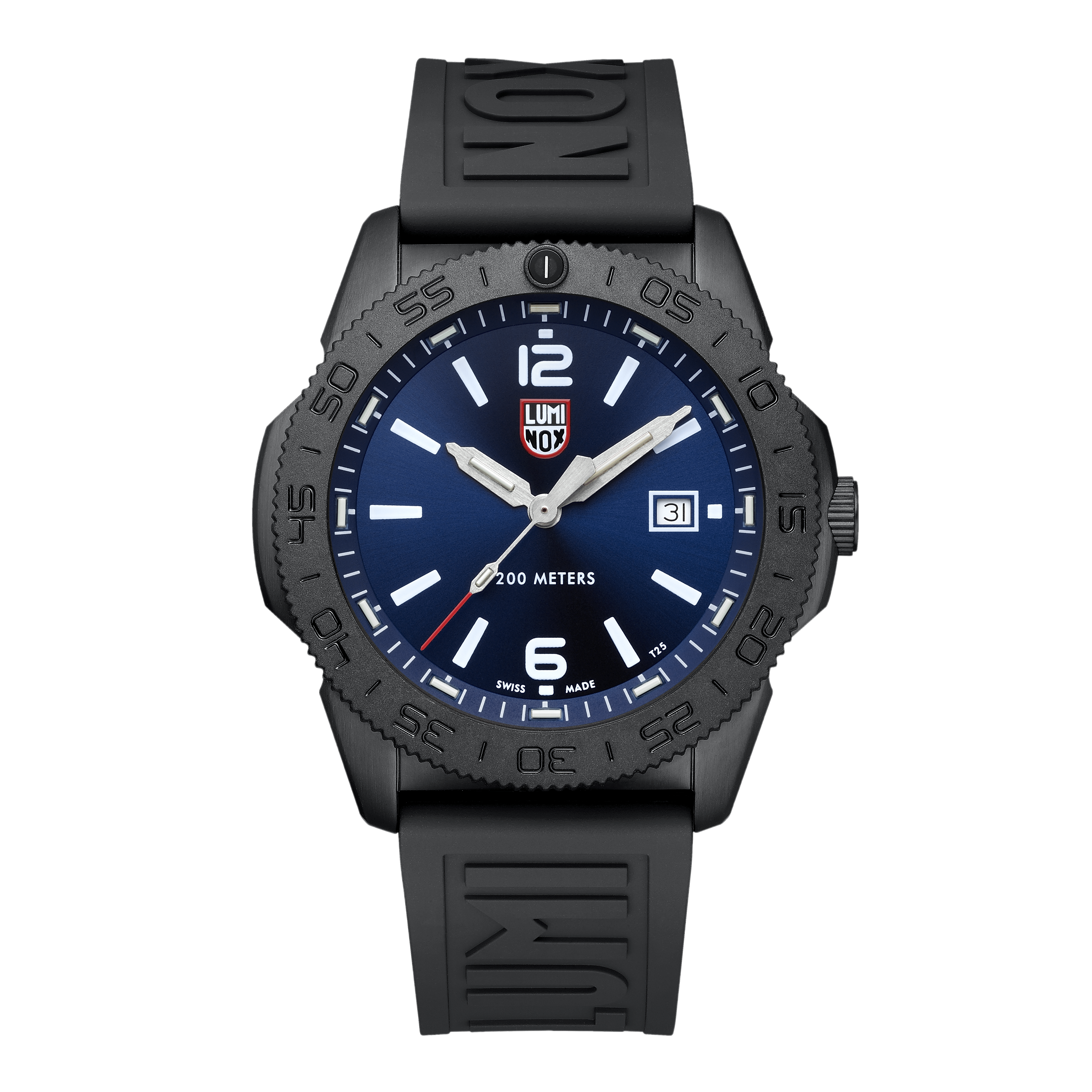 Montre noire pour homme avec cadran bleu, logo Luminox, bracelet en silicone noir