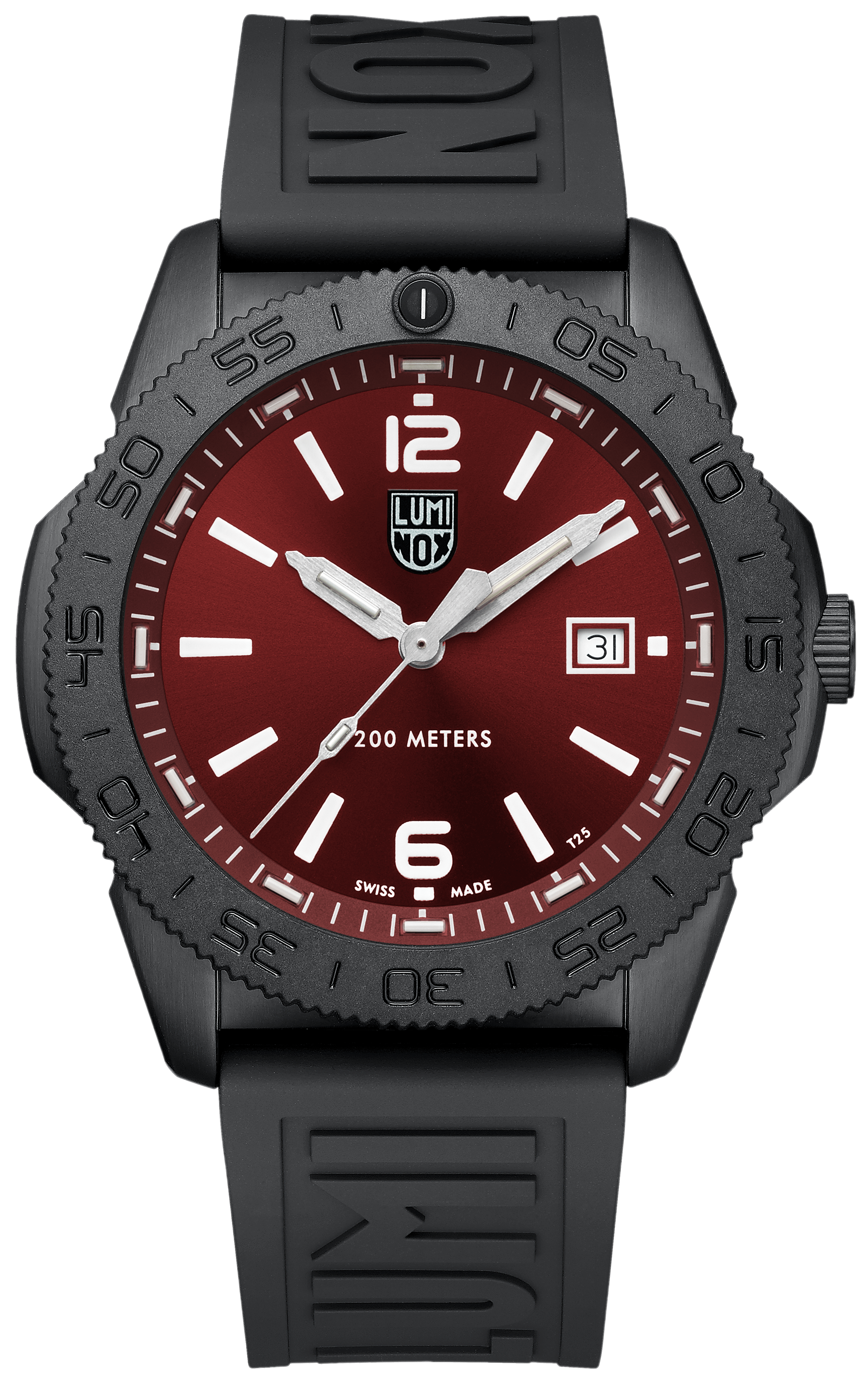 Montre de plongée avec cadran rouge, lunette noire, bracelet en caoutchouc noir et guichet date