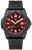 Montre de plongée avec cadran rouge, lunette noire, bracelet en caoutchouc noir et guichet date