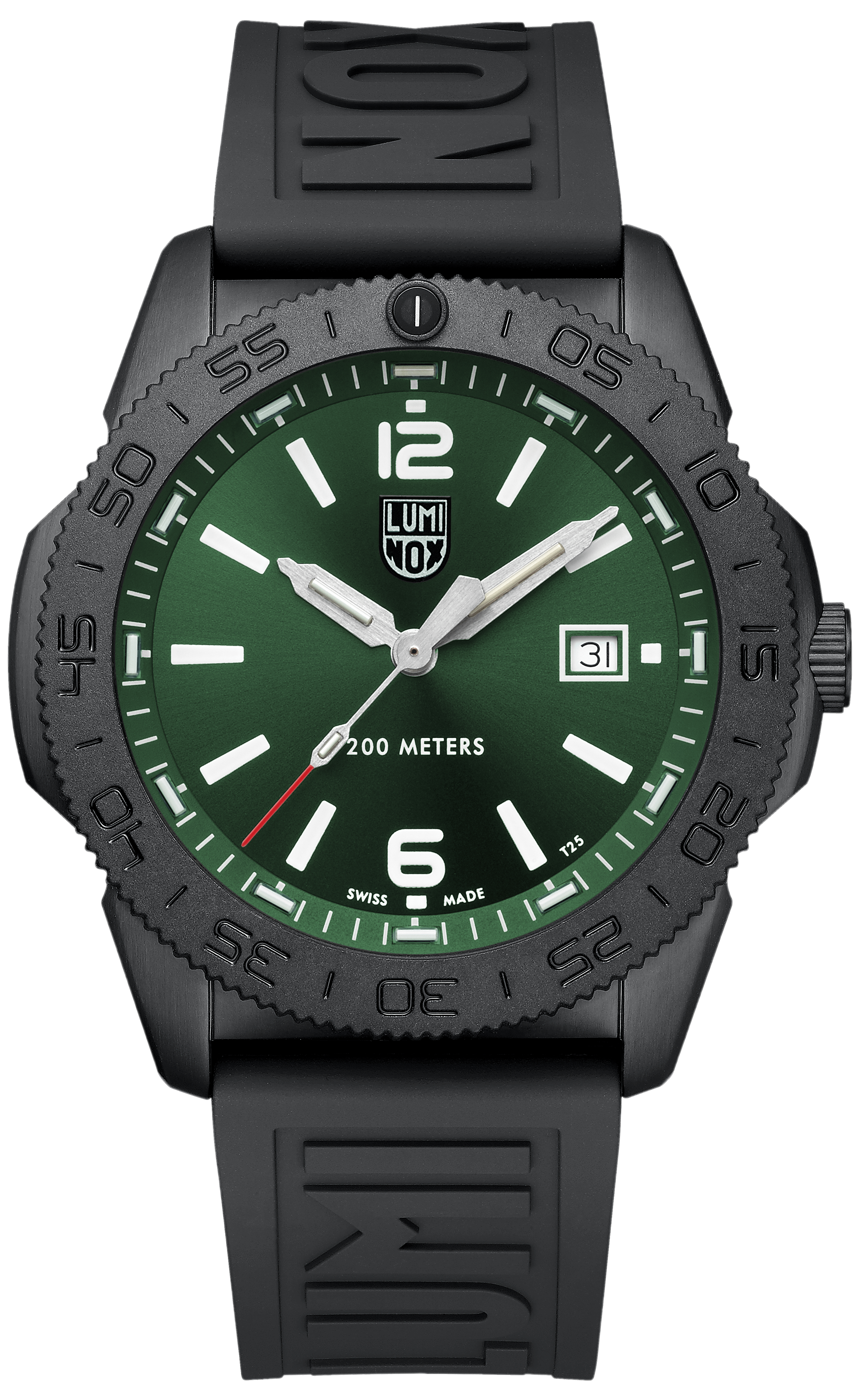 Montre homme avec boîtier noir, cadran vert et bracelet en caoutchouc, affichage de la date