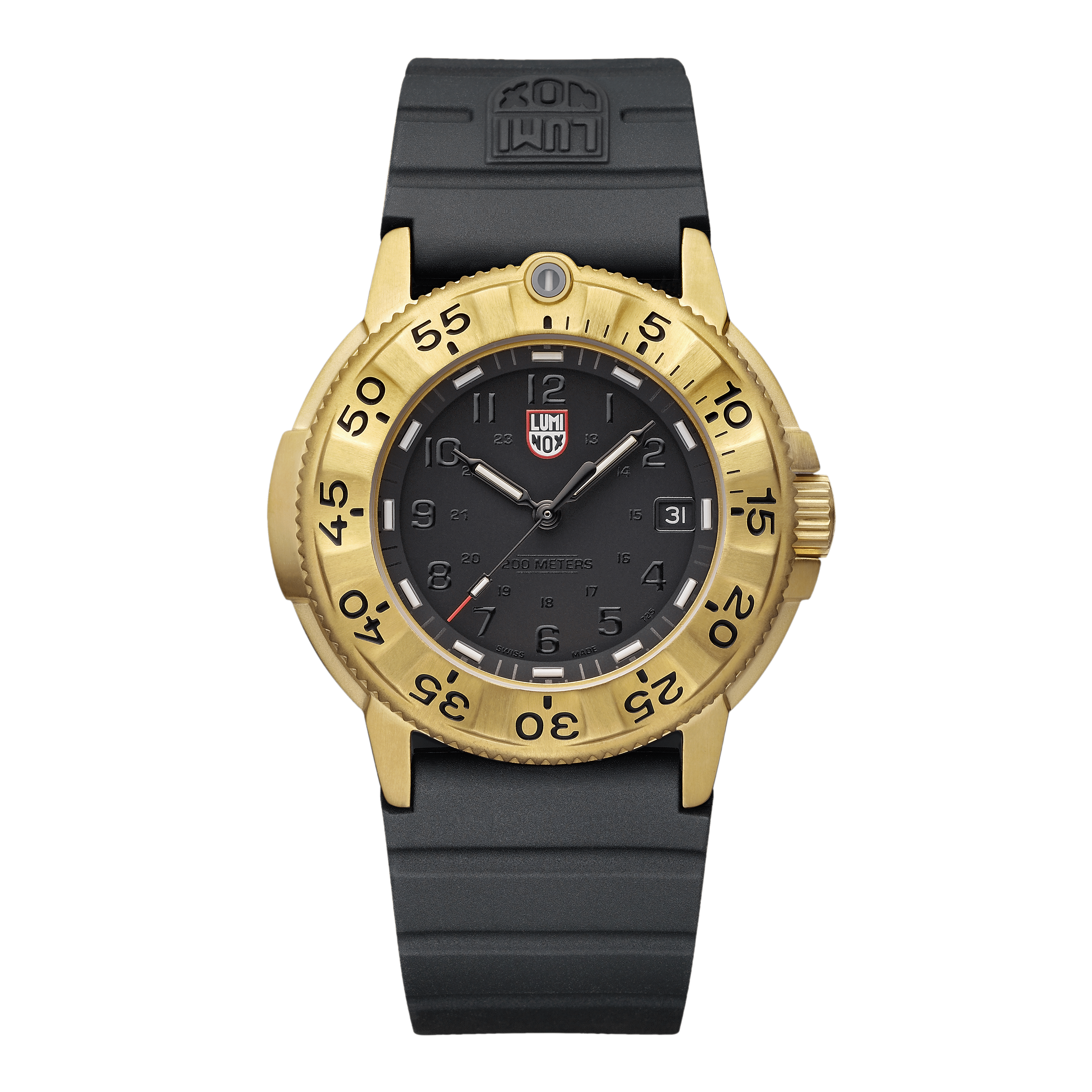 Montre homme avec cadran noir, boîtier doré et bracelet noir