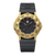 Montre homme avec cadran noir, boîtier doré et bracelet noir