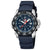 Montre homme de face : bracelet bleu foncé, cadran noir avec index luminescents et date.