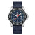 Montre homme avec bracelet en cuir bleu foncé, cadran noir et guichet date à 3h.