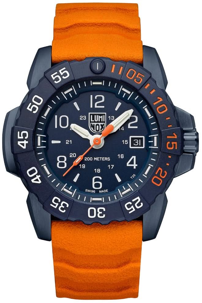 Bracelet de montre pour homme avec bracelet en caoutchouc orange, cadran bleu et index luminescents