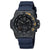 Montre pour homme avec bracelet en silicone bleu foncé, lunette noire, index luminescents et date.