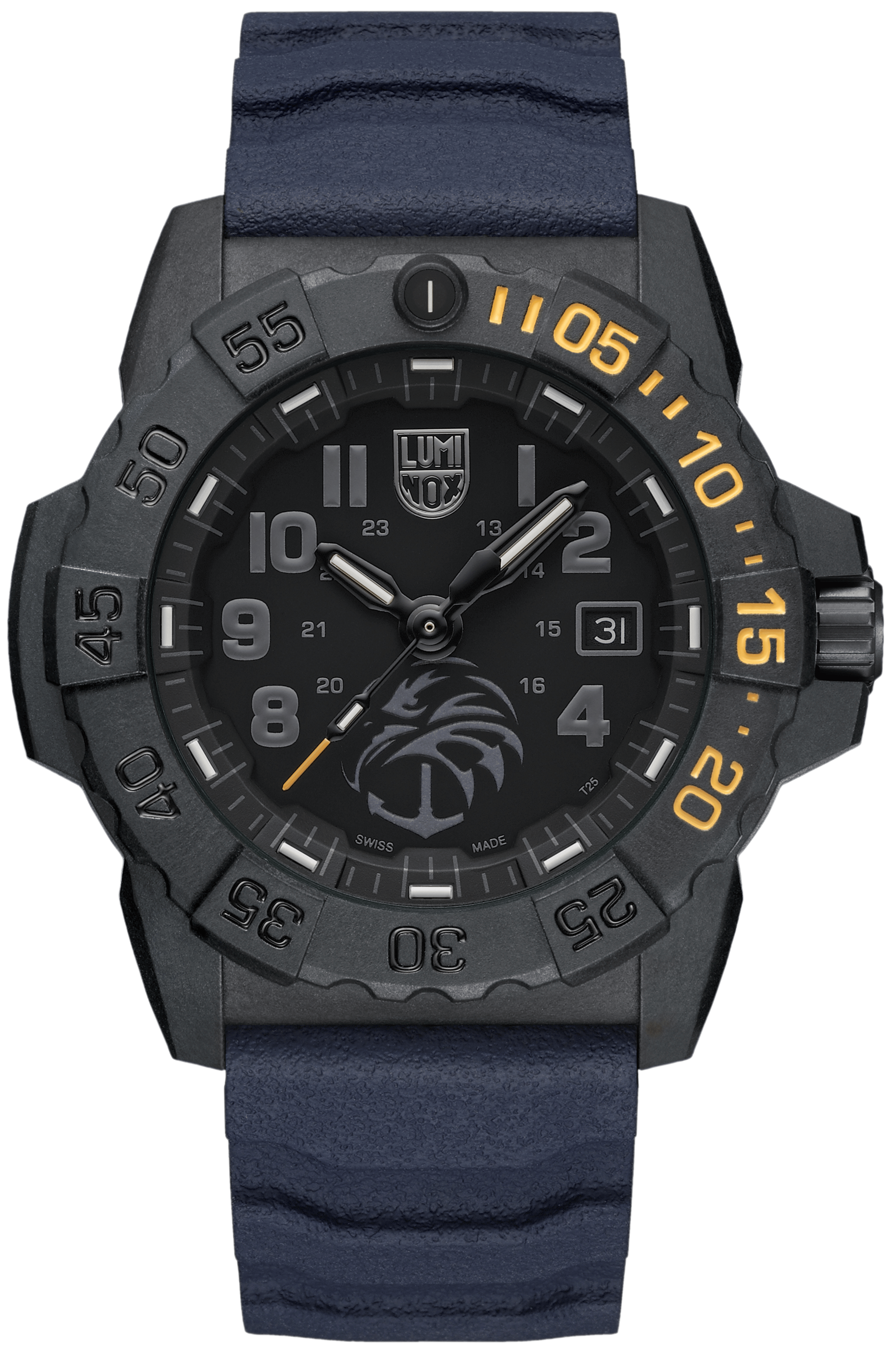 Montre pour homme avec bracelet en silicone bleu foncé, boîtier noir, index luminescents et date.