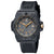 Schwarze Herren-Armbanduhr mit orange-goldenen Zeigern, schwarzem Band und Datumsfenster