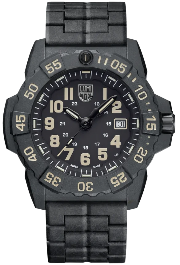 Montre bracelet homme, boîtier noir, cadran avec guichet date à 3h