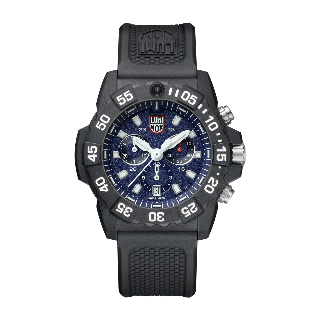 Herren Chronograph-Armbanduhr mit blauem Zifferblatt und schwarzem Kautschukarmband.