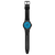 Armbanduhr im Ganzansicht mit schwarzem Lederband und blauem Zifferblatt.
