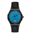 Armbanduhr mit schwarzem Lederband und blauem Zifferblatt, runde Gehäuseform.