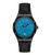 Armbanduhr mit schwarzem Lederband und blauem Zifferblatt, seitliche Knöpfe am Gehäuse.