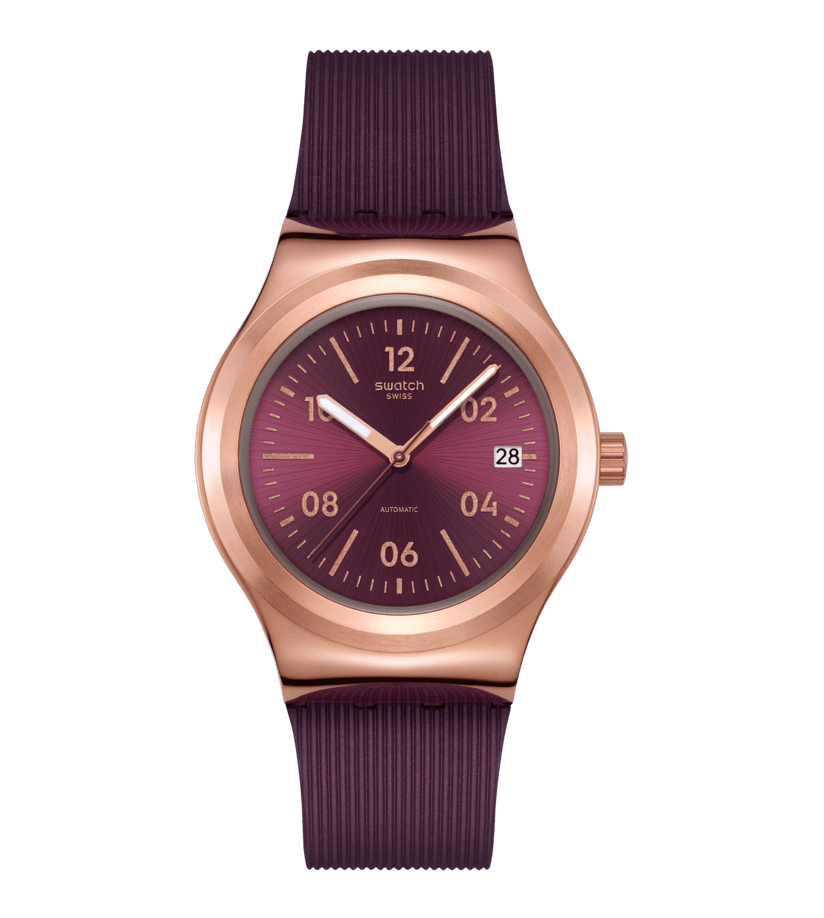 Automatik-Armbanduhr: burgunderrotes Zifferblatt, geripptes Armband, Roségold-Gehäuse.