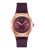 Automatik-Armbanduhr: burgunderrotes Zifferblatt, geripptes Armband, Roségold-Gehäuse.