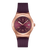Frontansicht der Automatik-Armbanduhr: burgunderrotes Zifferblatt, geripptes Armband, Roségold.