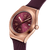 Schrägansicht der Automatik-Armbanduhr: burgunderrotes Zifferblatt, Roségold-Gehäuse.