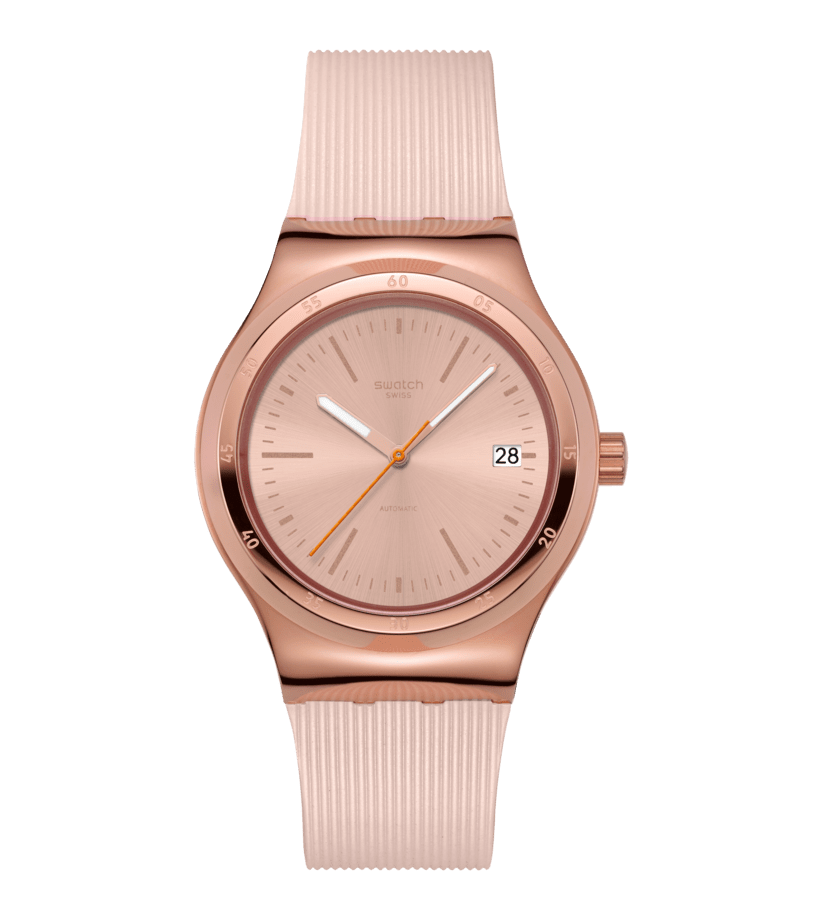 Swatch System 51 Irony Uhr mit roséfarbenem Zifferblatt und hellrosa Silikonarmband