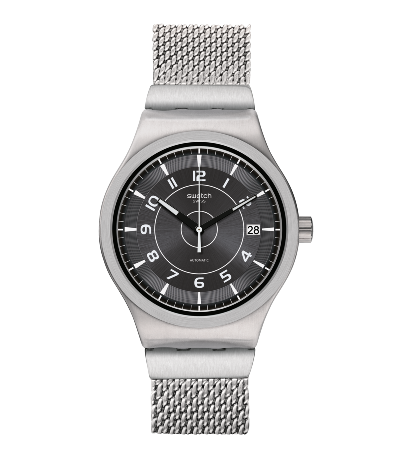 Swatch Damenarmbanduhr: silbernes Meshband, schwarzes Zifferblatt, Datum