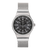 Swatch Damenarmbanduhr mit silbernem Meshband, schwarzem Zifferblatt und seitlicher Krone