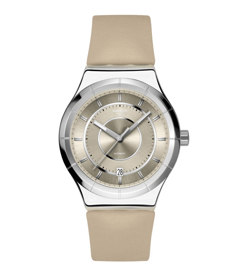 Swatch Sistem51 Irony Armbanduhr mit beigem Lederband, beigem Zifferblatt, Datum bei 6 Uhr