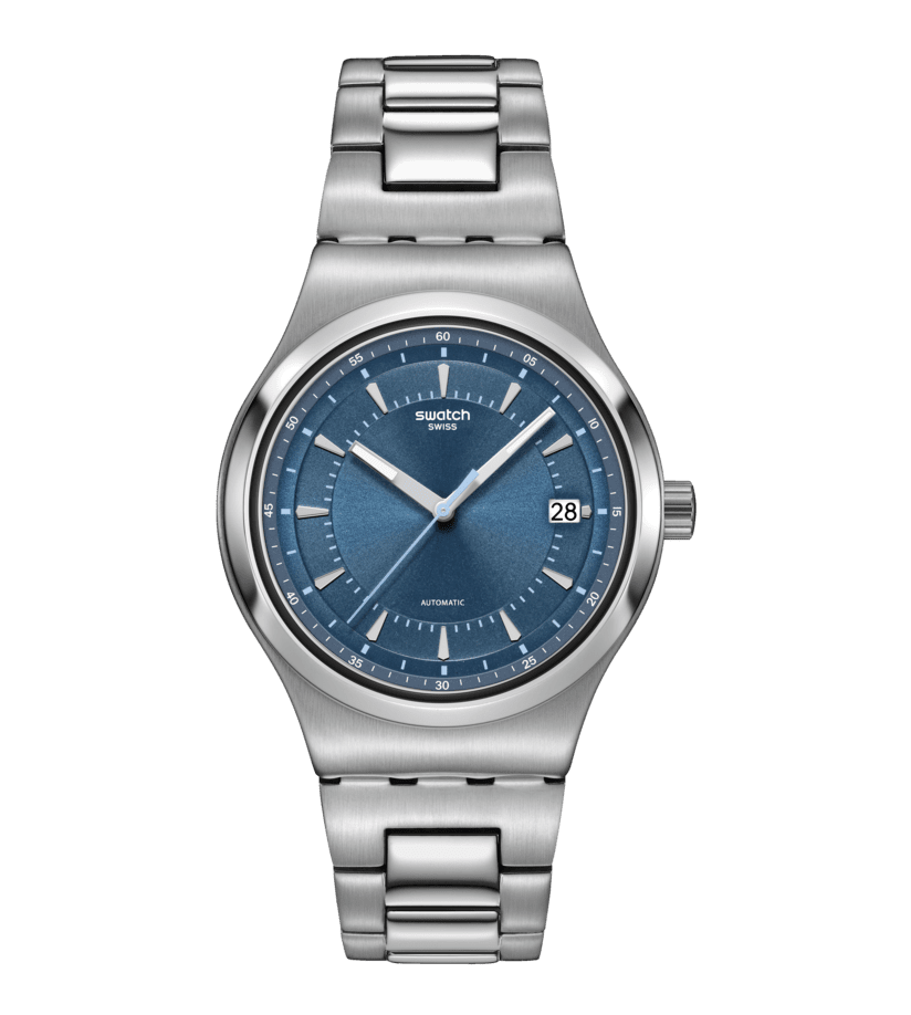 Herrenarmbanduhr mit silbernem Metallband und blauem Zifferblatt, Datum bei 28