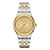 Swatch Herrenuhr mit zweifarbigem Metallband, rundem Gehäuse und goldenem Zifferblatt