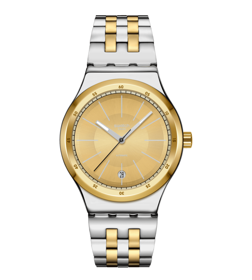 Swatch Herrenuhr mit zweifarbigem Metallband und goldenem Zifferblatt, Datum bei 6 Uhr