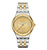 Swatch Herrenuhr mit goldenem Zifferblatt und zweifarbigem Metallband, frontal von vorn