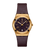 Armbanduhr mit burgundfarbenem Textilarmband und rundem goldfarbenem Gehäuse