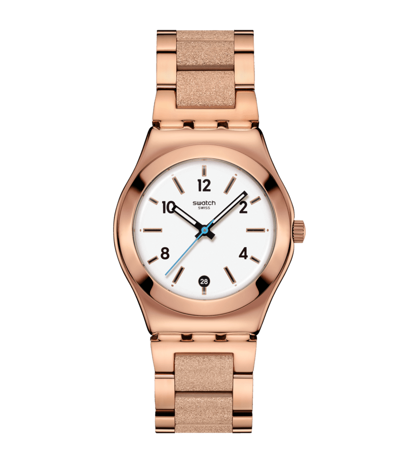 Damenuhr mit roségoldfarbenem Edelstahlband, rundem Gehäuse, weißem Zifferblatt, Datum