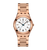 Damenuhr mit roségoldfarbenem Edelstahlband, weißem Zifferblatt, Swatch-Logo und Datum